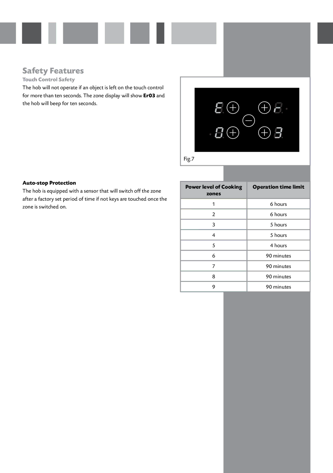 CDA HVC65 manual Touch Control Safety, Auto-stop Protection, Operation time limit 