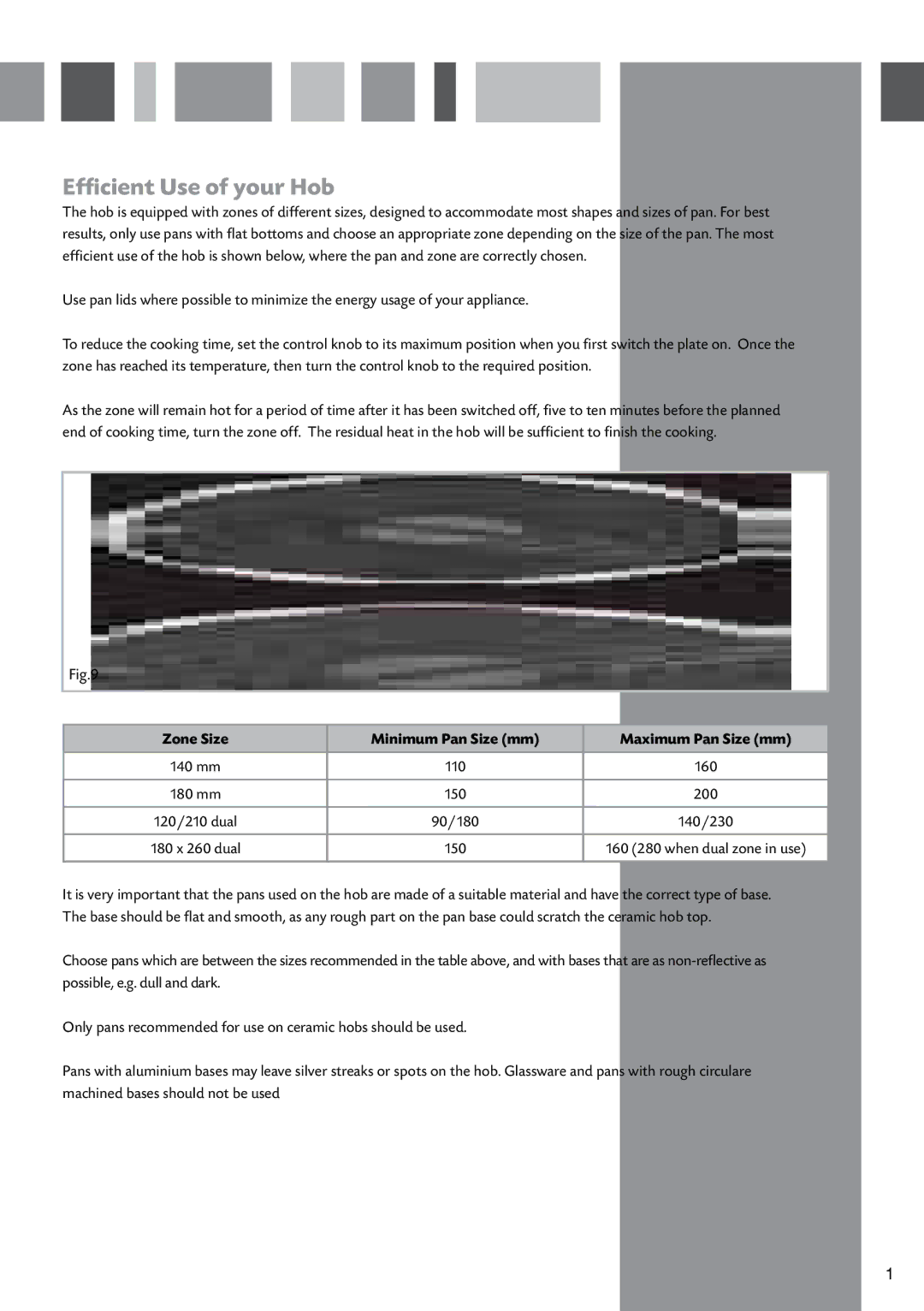 CDA HVC65 manual Efficient Use of your Hob, Zone Size Minimum Pan Size mm Maximum Pan Size mm 