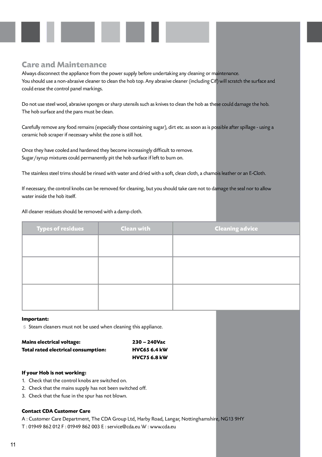 CDA HVC65 manual Care and Maintenance, If your Hob is not working, Contact CDA Customer Care 