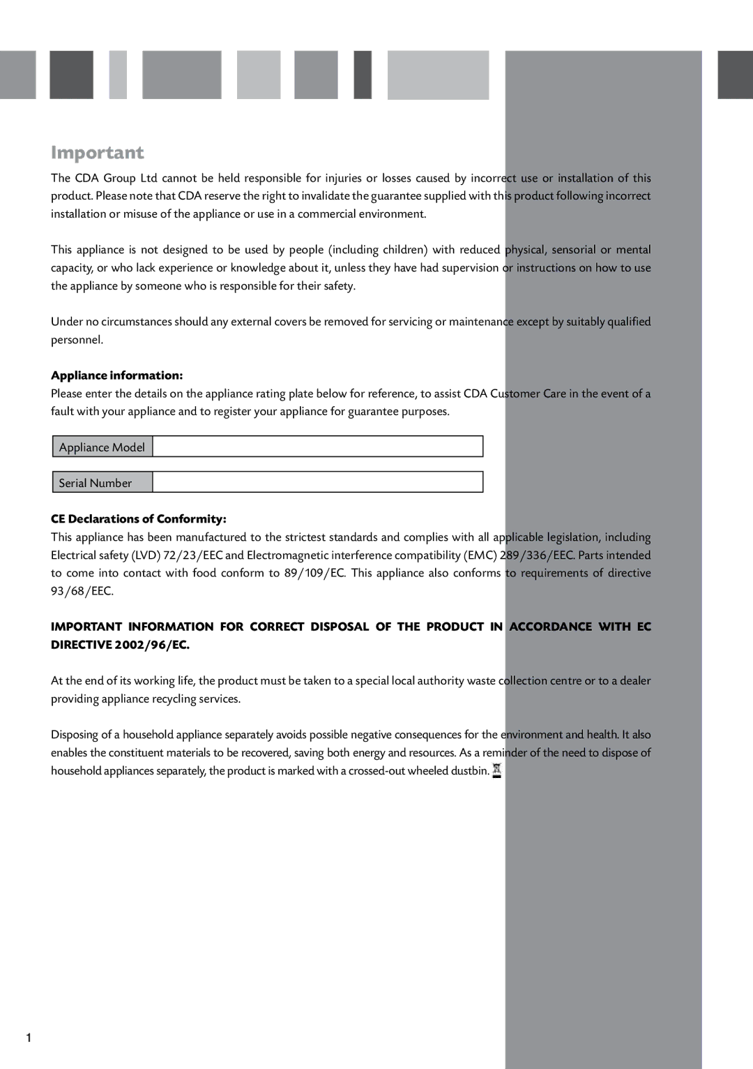 CDA HVC65 manual Appliance information, CE Declarations of Conformity 