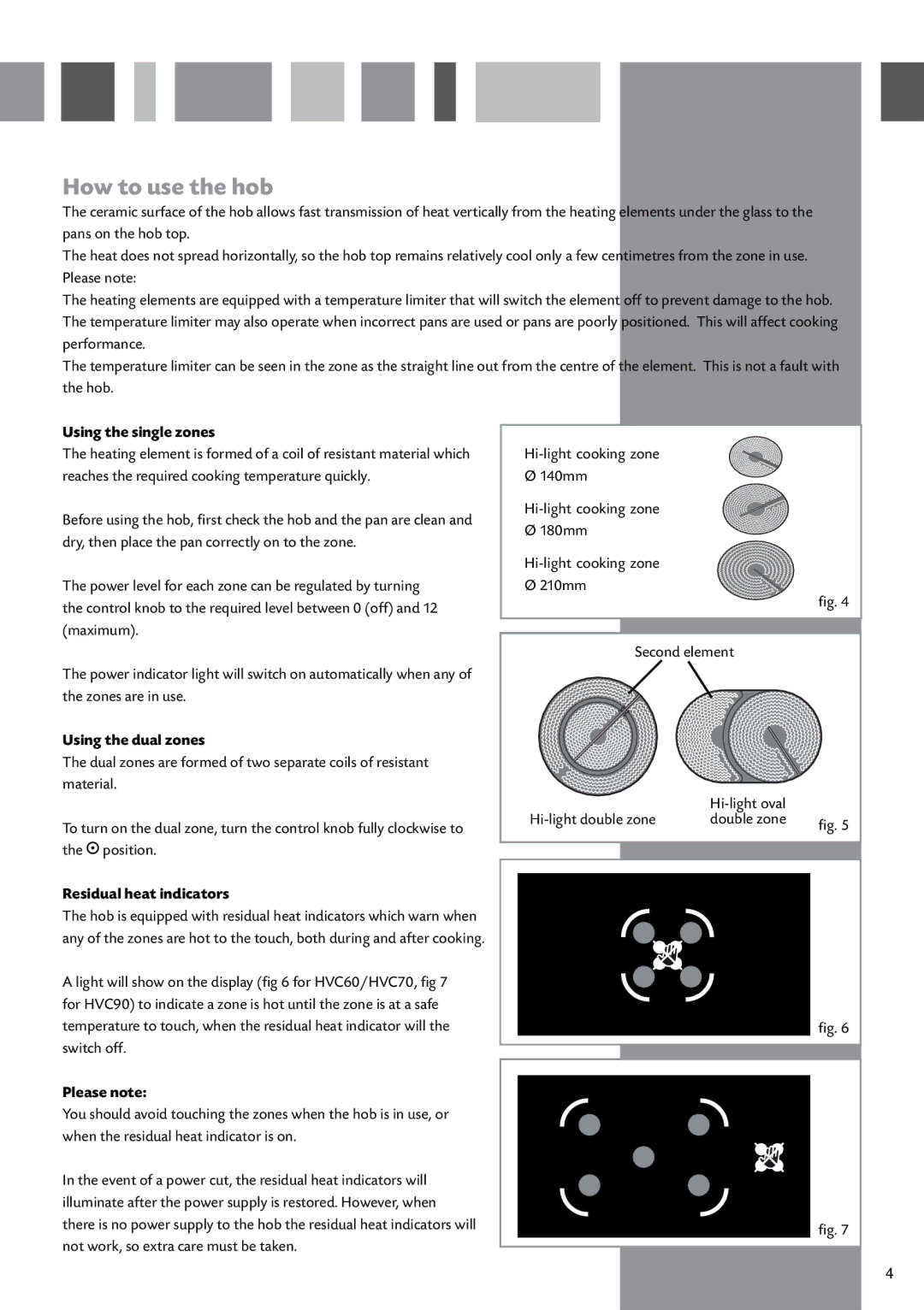 CDA HVC90, HVC70, HVC60 manual How to use the hob, Using the single zones, Using the dual zones, Residual heat indicators 