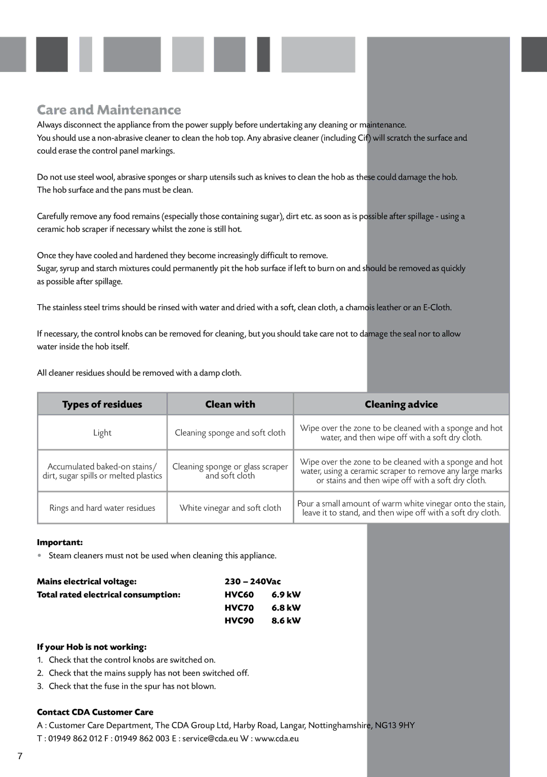 CDA manual Care and Maintenance, HVC60 HVC70 HVC90, If your Hob is not working, Contact CDA Customer Care 