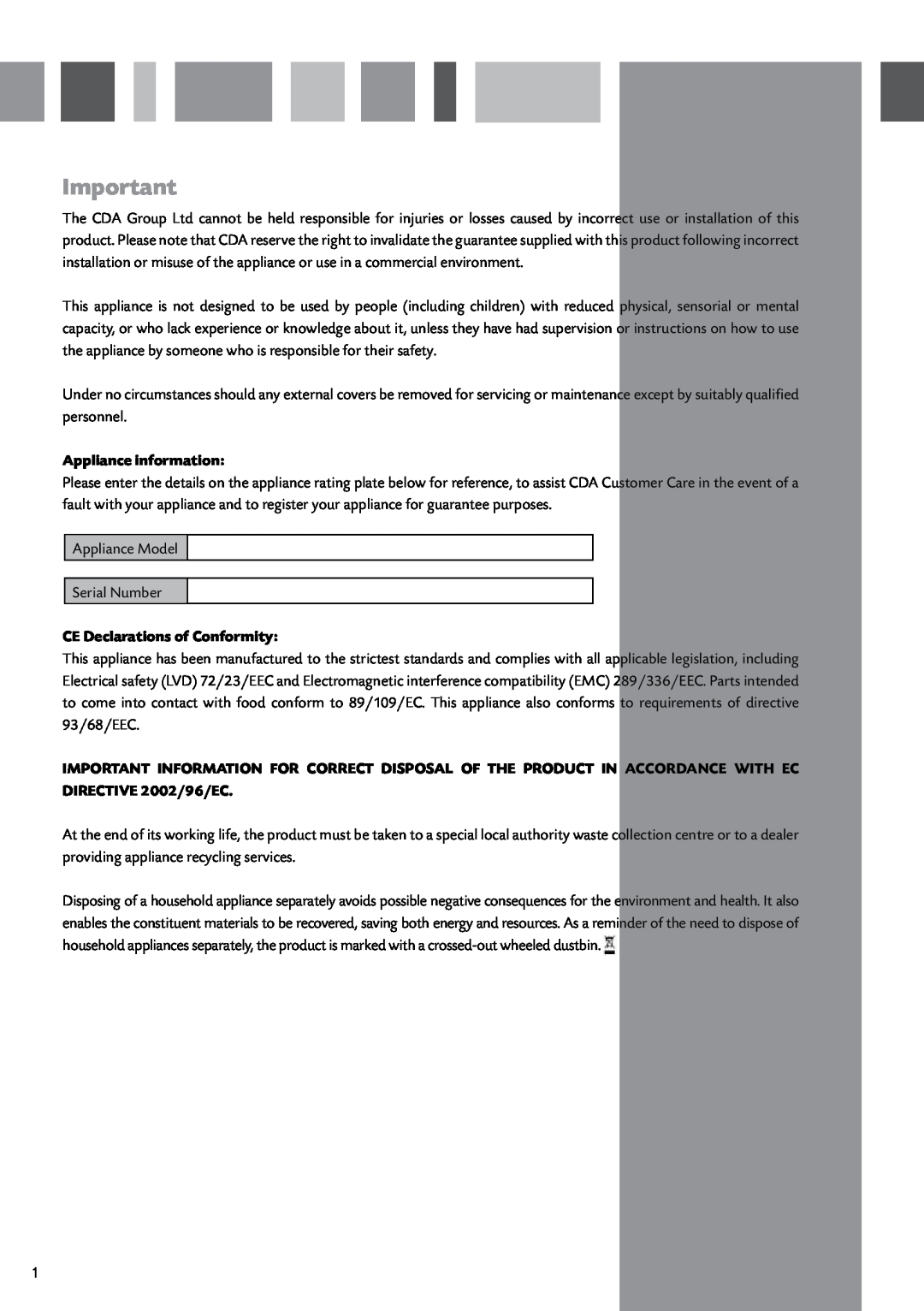 CDA HVC90, HVC70, HVC60 manual Appliance information, CE Declarations of Conformity 