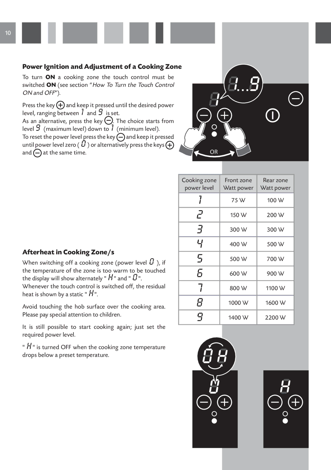 CDA HVN 32 manual Power Ignition and Adjustment of a Cooking Zone, Afterheat in Cooking Zone/s 