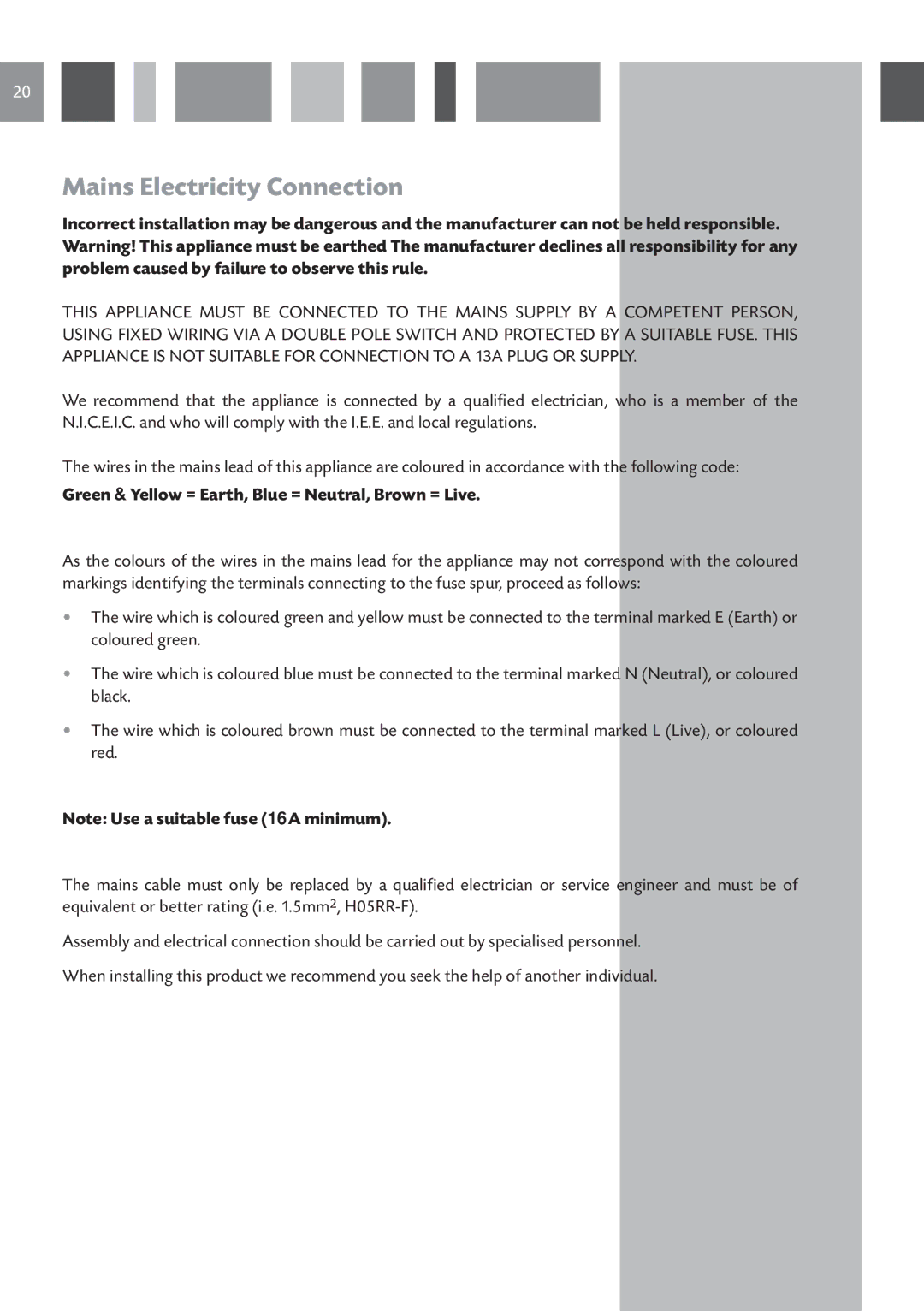 CDA HVN 32 manual Mains Electricity Connection, Green & Yellow = Earth, Blue = Neutral, Brown = Live 