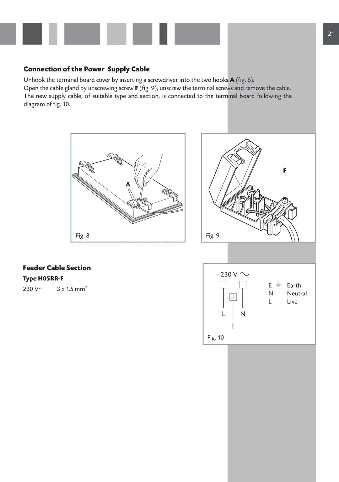 CDA HVN 32 manual Connection of the Power Supply Cable, Feeder Cable Section, Type H05RR-F 