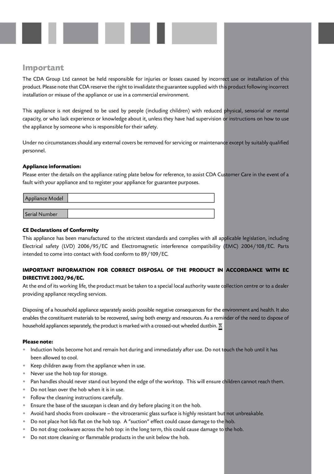 CDA HVN61/81 manual Appliance information, CE Declarations of Conformity, Please note 