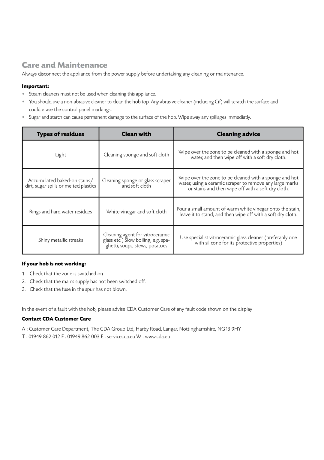 CDA HVN61/81 manual Care and Maintenance, If your hob is not working, Contact CDA Customer Care 