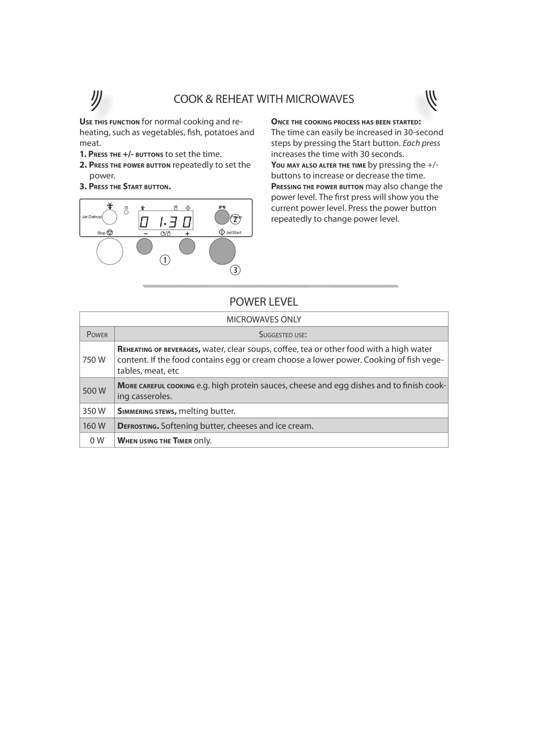 CDA MC50, MC60 manual Cook & Reheat with Microwaves, Power Level, Microwaves only 