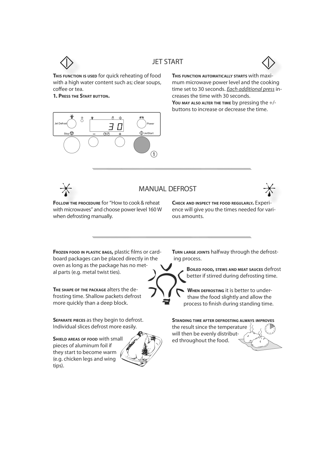 CDA MC60, MC50 manual JET Start, Manual Defrost, Al parts e.g. metal twist ties, Better if stirred during defrosting time 