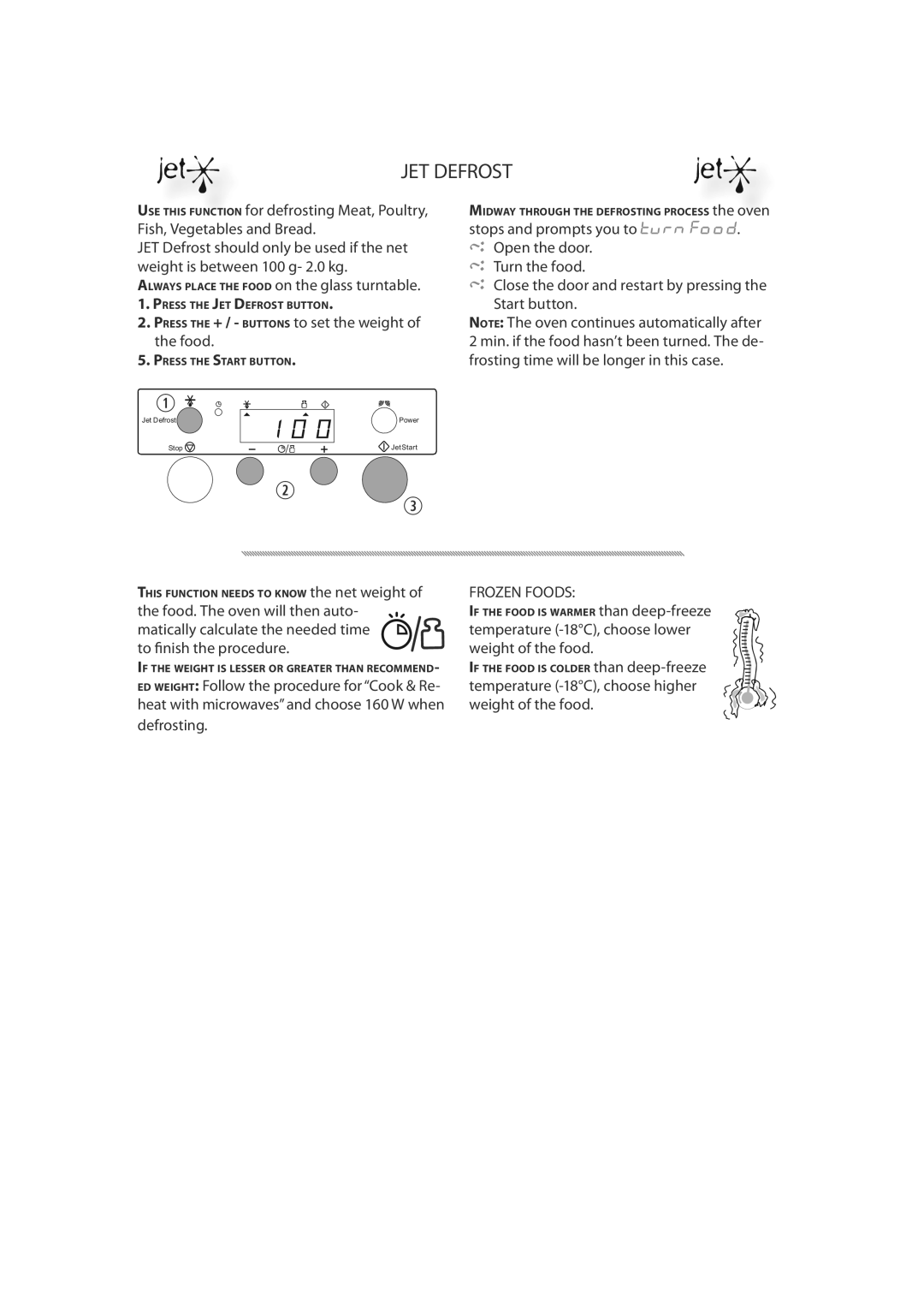 CDA MC50, MC60 manual JET Defrost, Press the + / Buttons to set the weight Food, Open the door Turn the food, Frozen Foods 