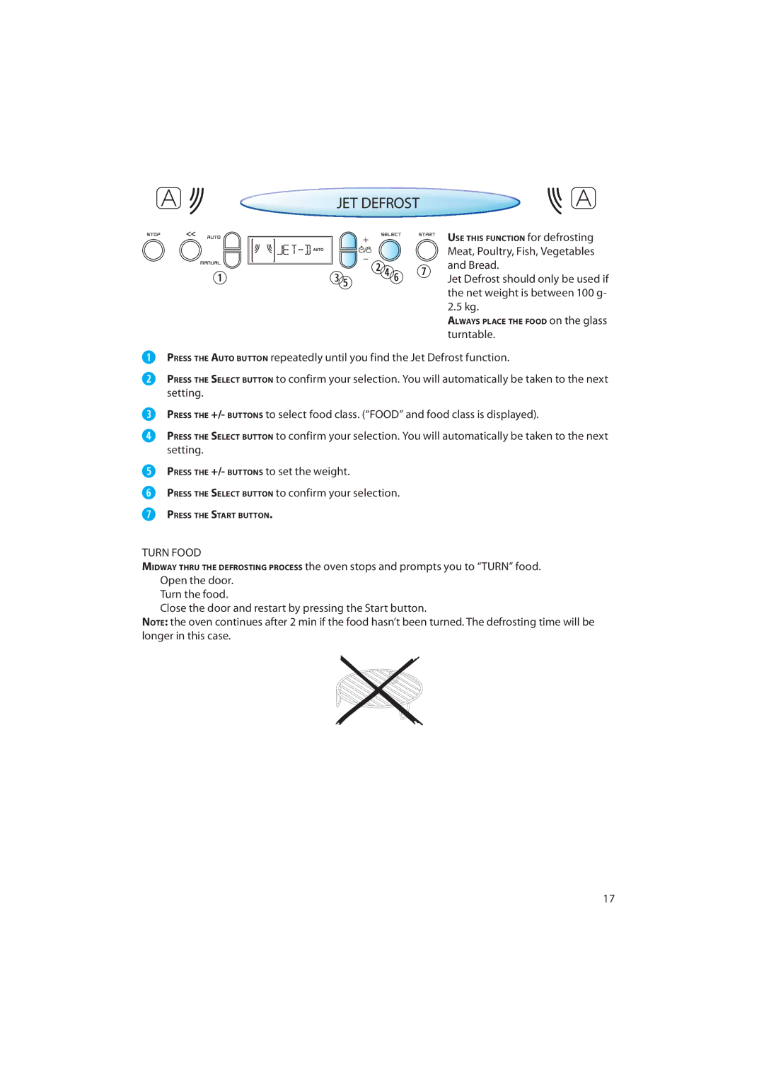 CDA MV440 manual  ,  , JET Defrost, Turn Food 