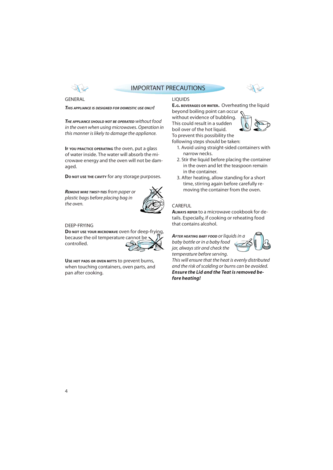 CDA MV440 manual Important Precautions, General, Deepfrying, Liquids, Careful 