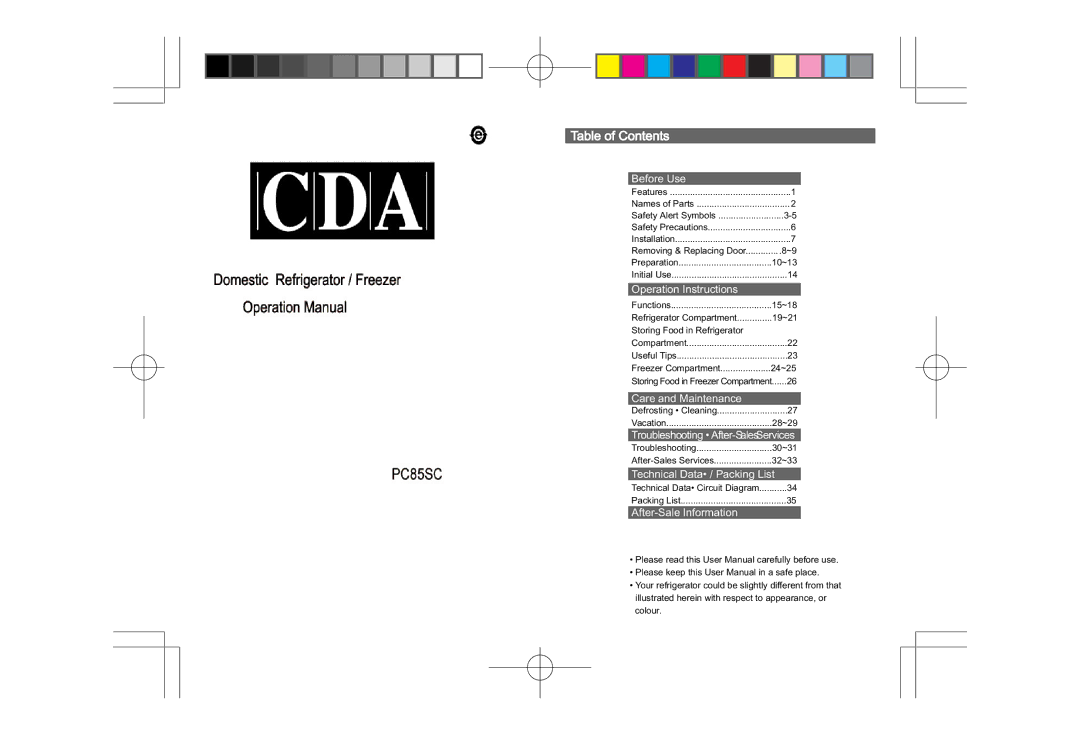 CDA PC85SC user manual Table of Contents 