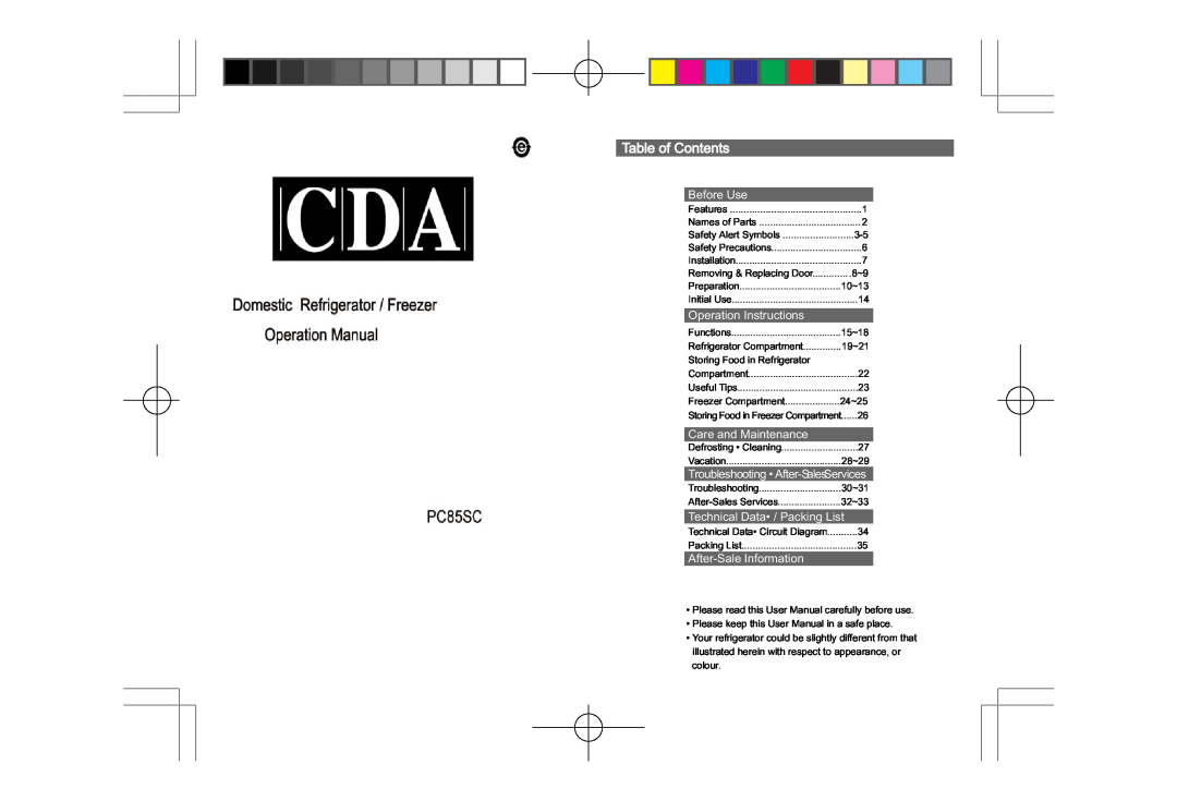 CDA PC85SC user manual Table of Contents, Before Use, Operation Instructions, Care and Maintenance, After-Sale Information 
