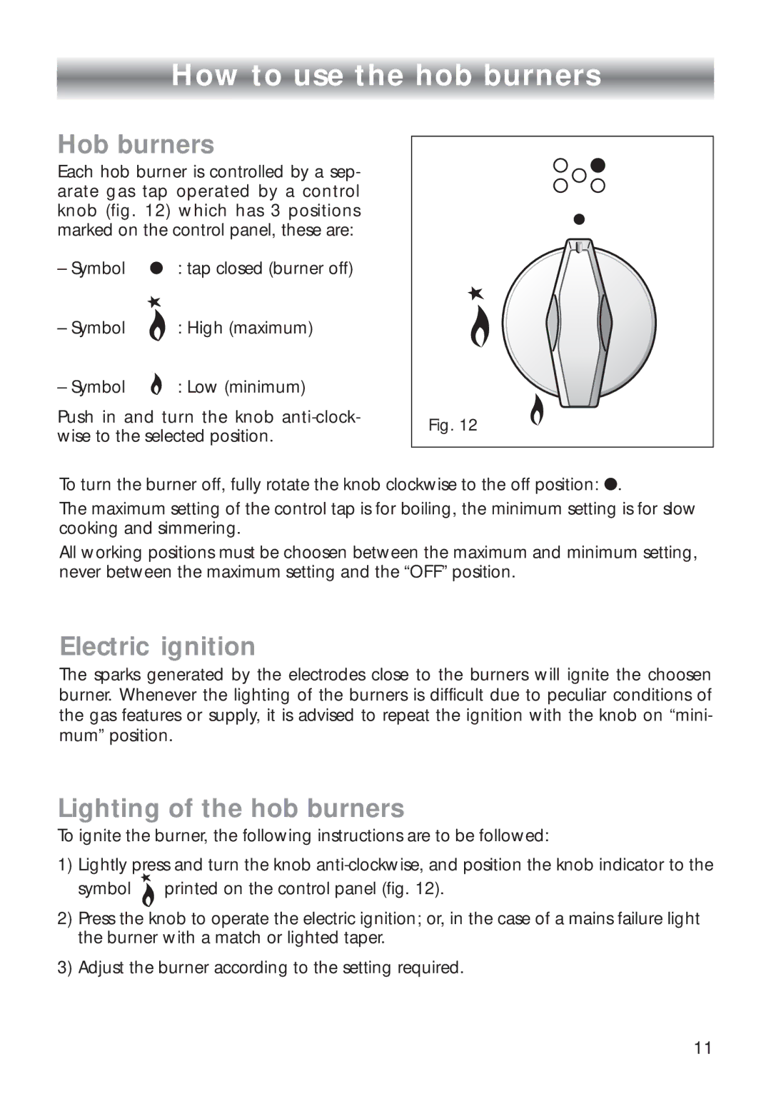 CDA RC 9000 How to use the hob burners, Hob burners, Electric ignition, Lighting of the hob burners 