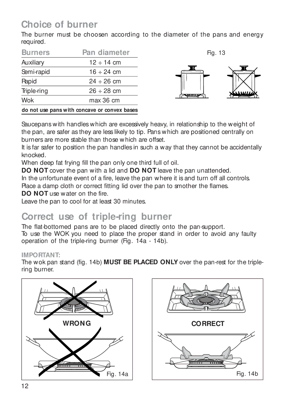 CDA RC 9000 installation instructions Choice of burner, Correct use of triple-ring burner 