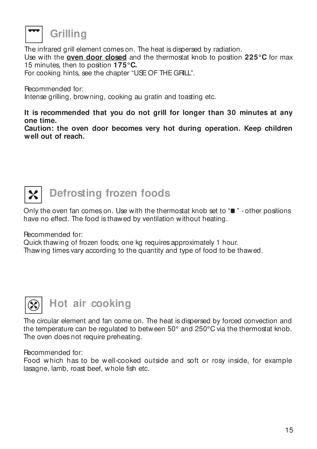 CDA RC 9000 installation instructions Grilling, Defrosting frozen foods, Hot air cooking 