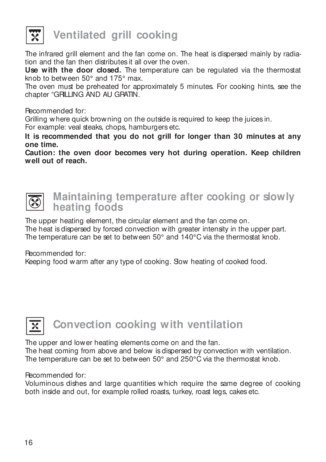 CDA RC 9000 installation instructions Ventilated grill cooking, Convection cooking with ventilation 