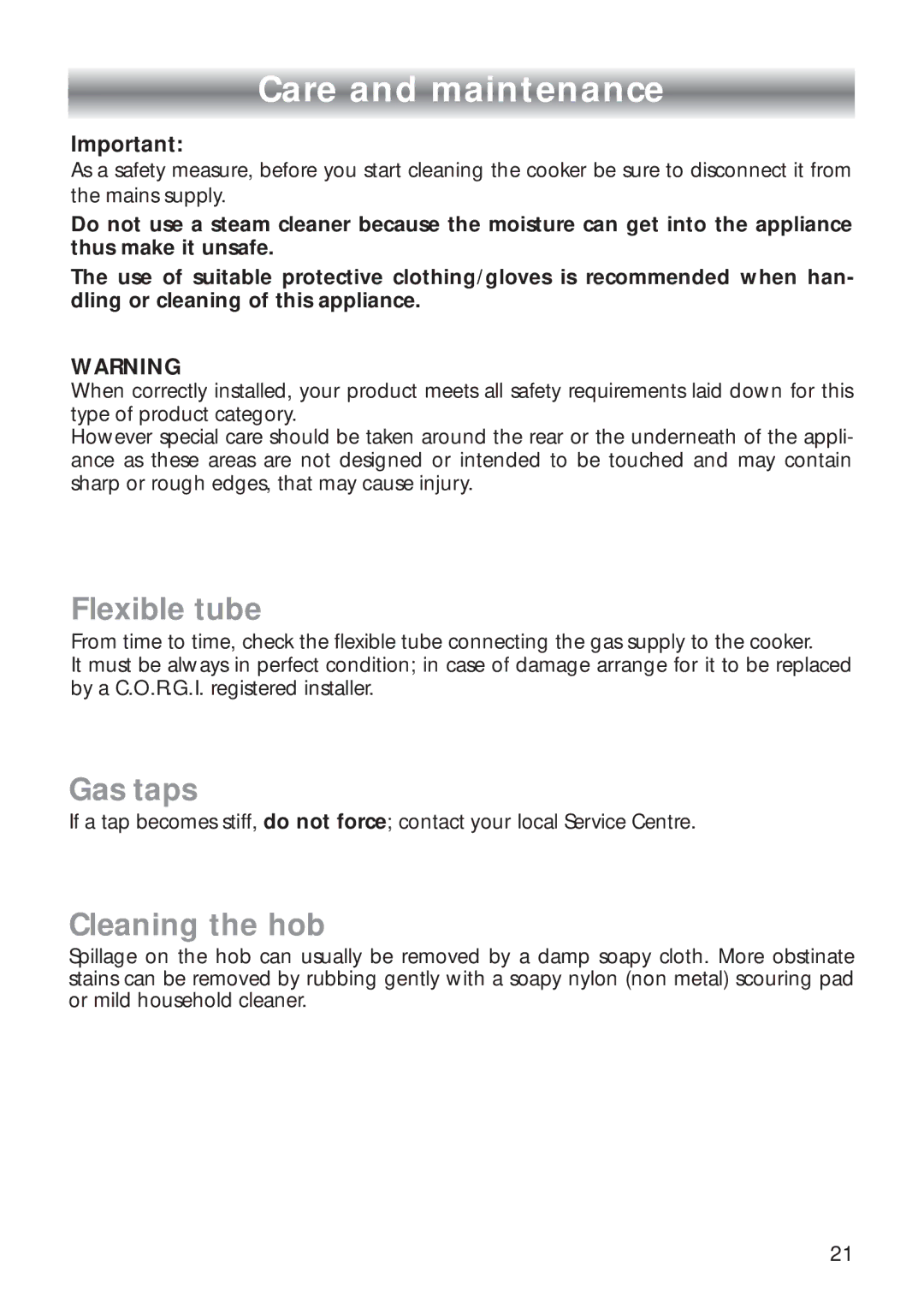 CDA RC 9000 installation instructions Care and maintenance, Flexible tube 