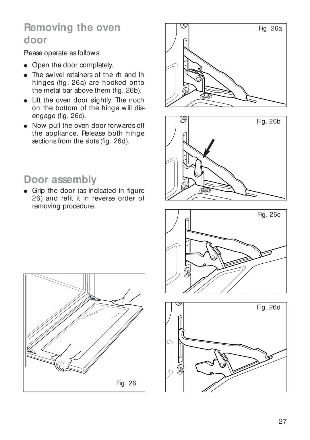 CDA RC 9000 installation instructions Removing the oven door, Door assembly 