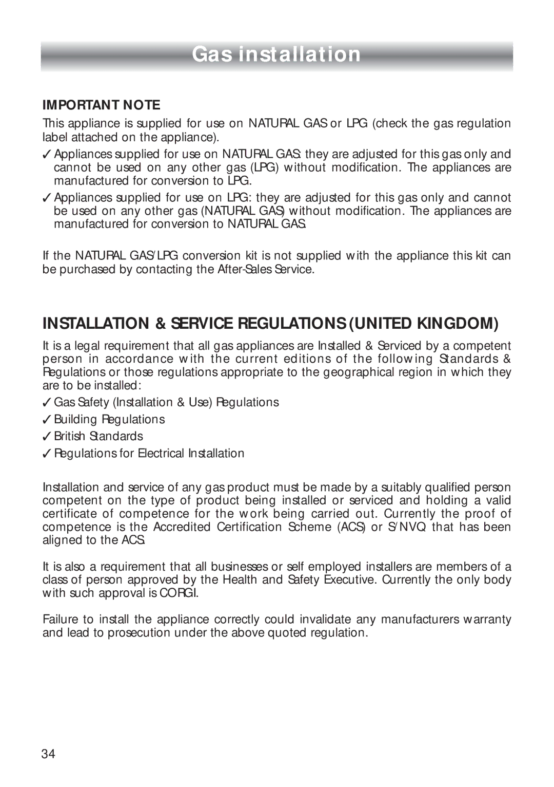 CDA RC 9000 installation instructions Gas installation, Important Note 