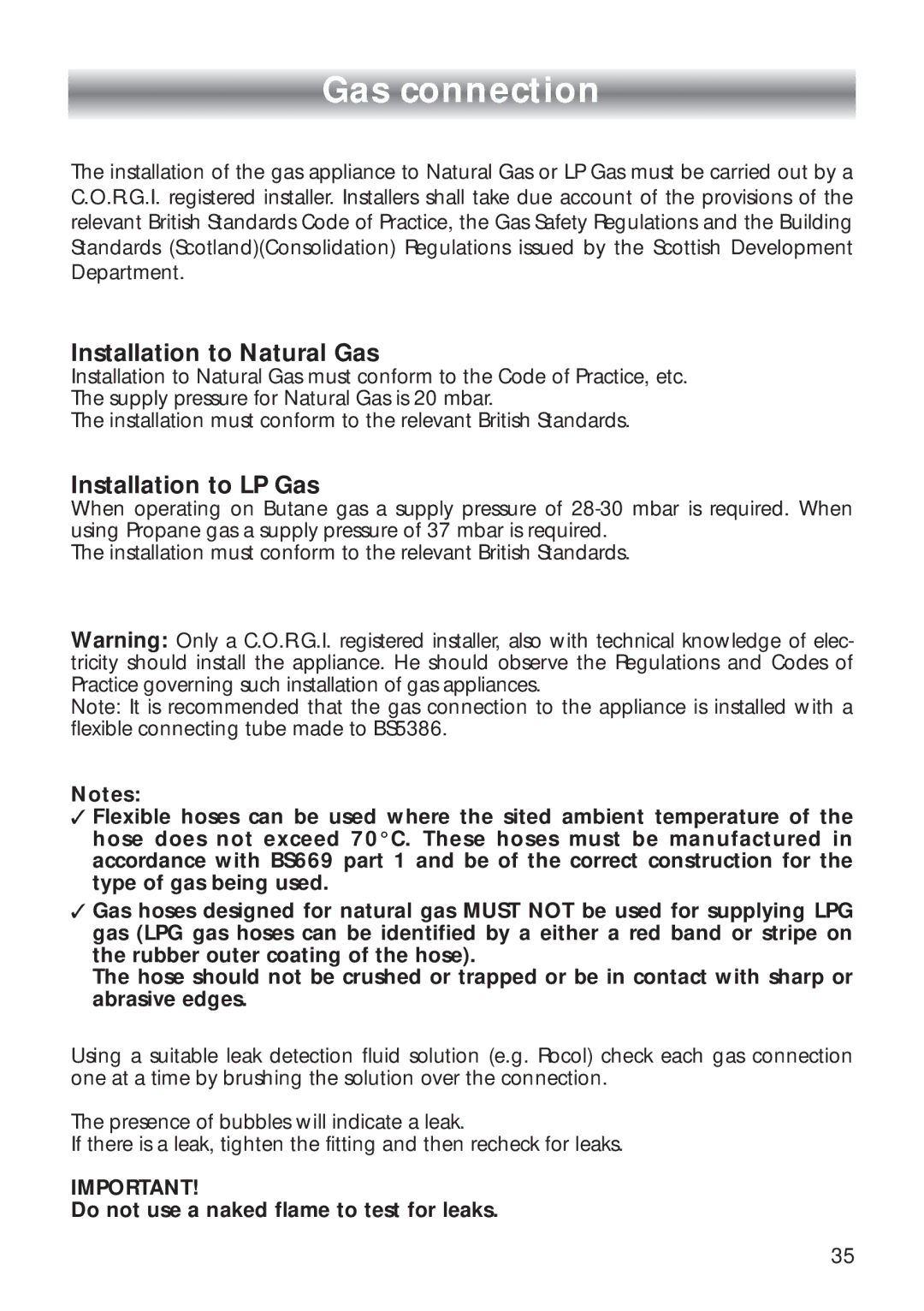 CDA RC 9000 installation instructions Gas connection, Installation to Natural Gas 