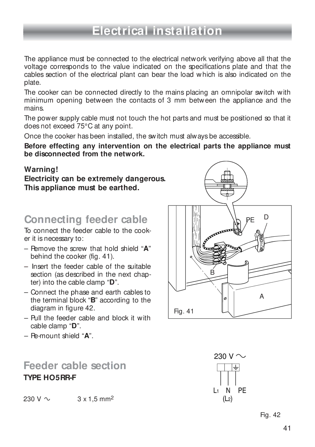 CDA RC 9000 installation instructions Electrical installation, Connecting feeder cable, Feeder cable section 