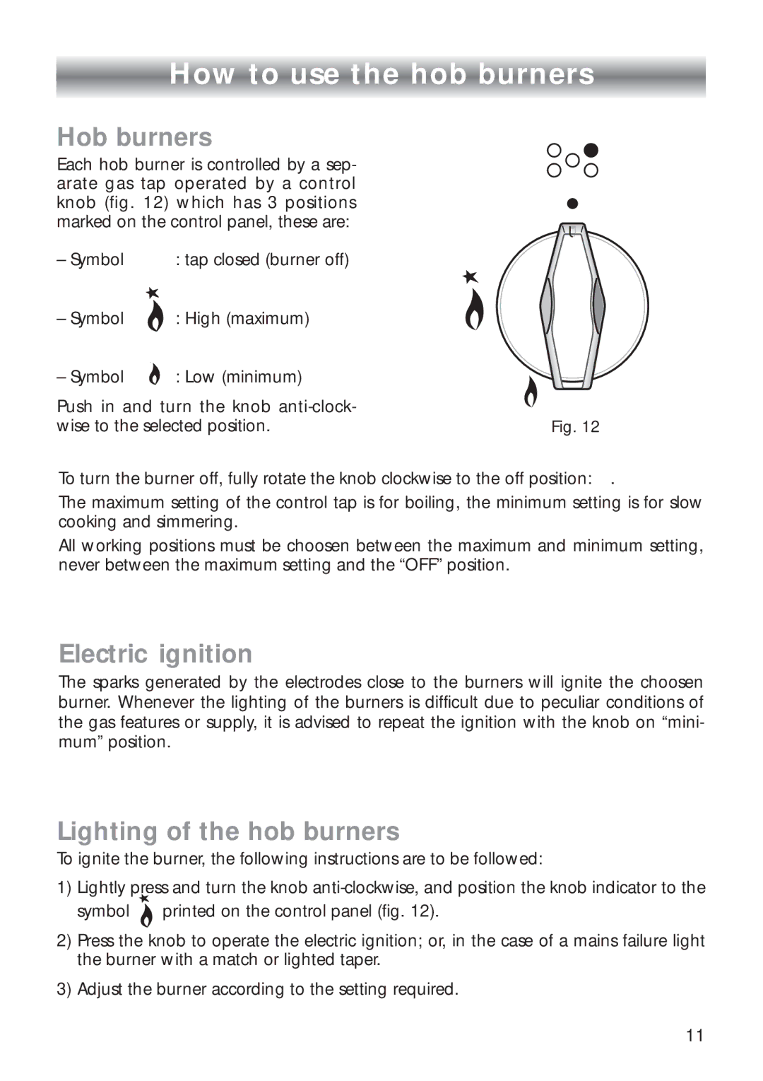 CDA RC 9020 How to use the hob burners, Hob burners, Electric ignition, Lighting of the hob burners 