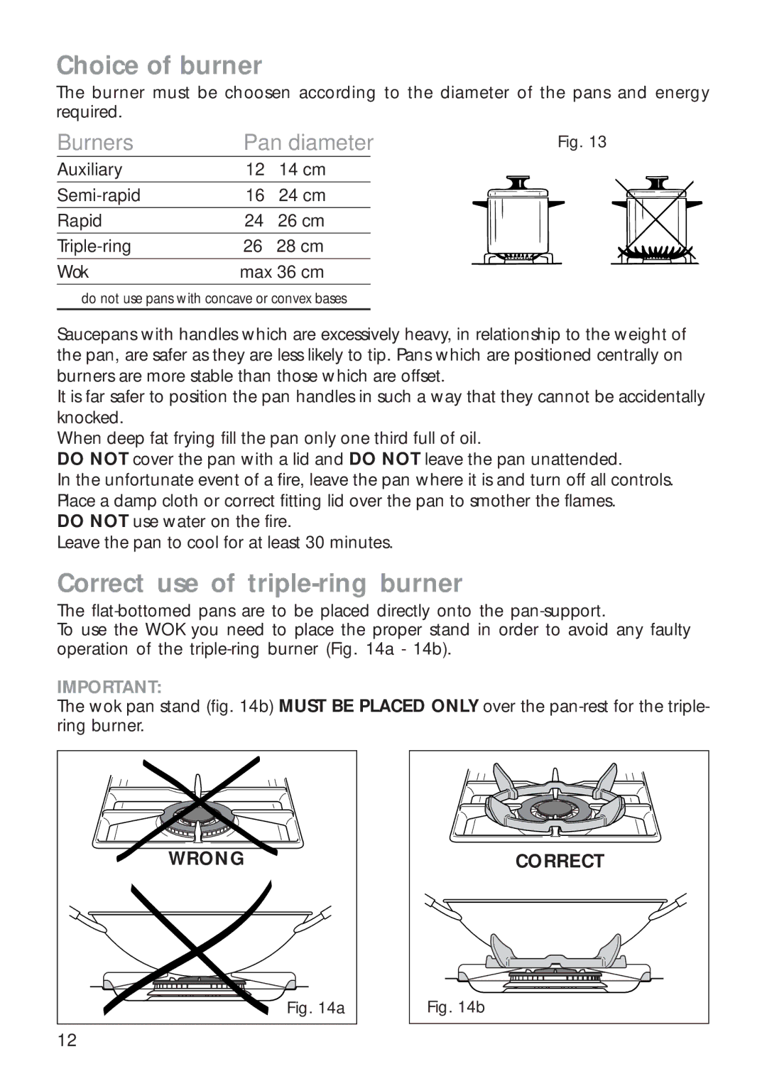 CDA RC 9020 installation instructions Choice of burner, Correct use of triple-ring burner 
