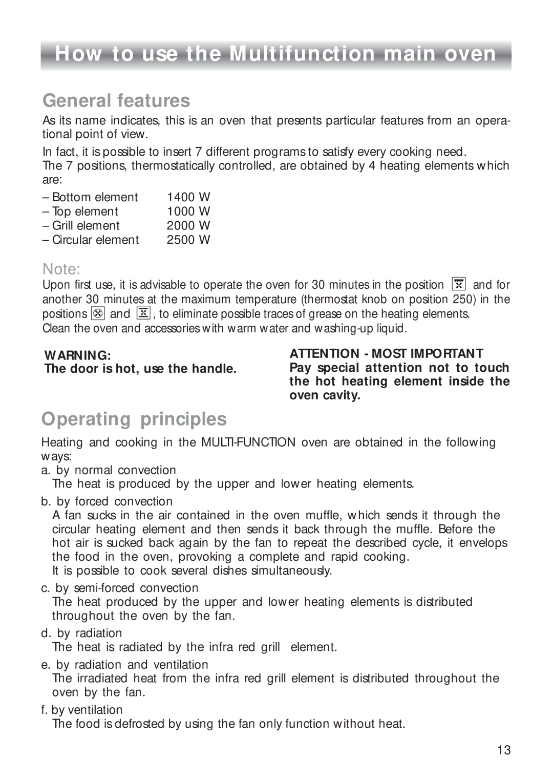 CDA RC 9020 installation instructions How to use the Multifunction main oven, General features, Operating principles 