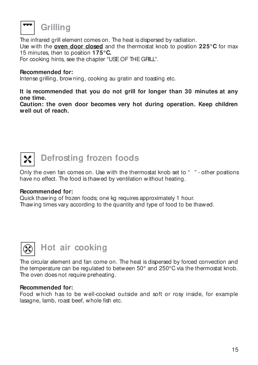 CDA RC 9020 installation instructions Grilling, Defrosting frozen foods, Hot air cooking 