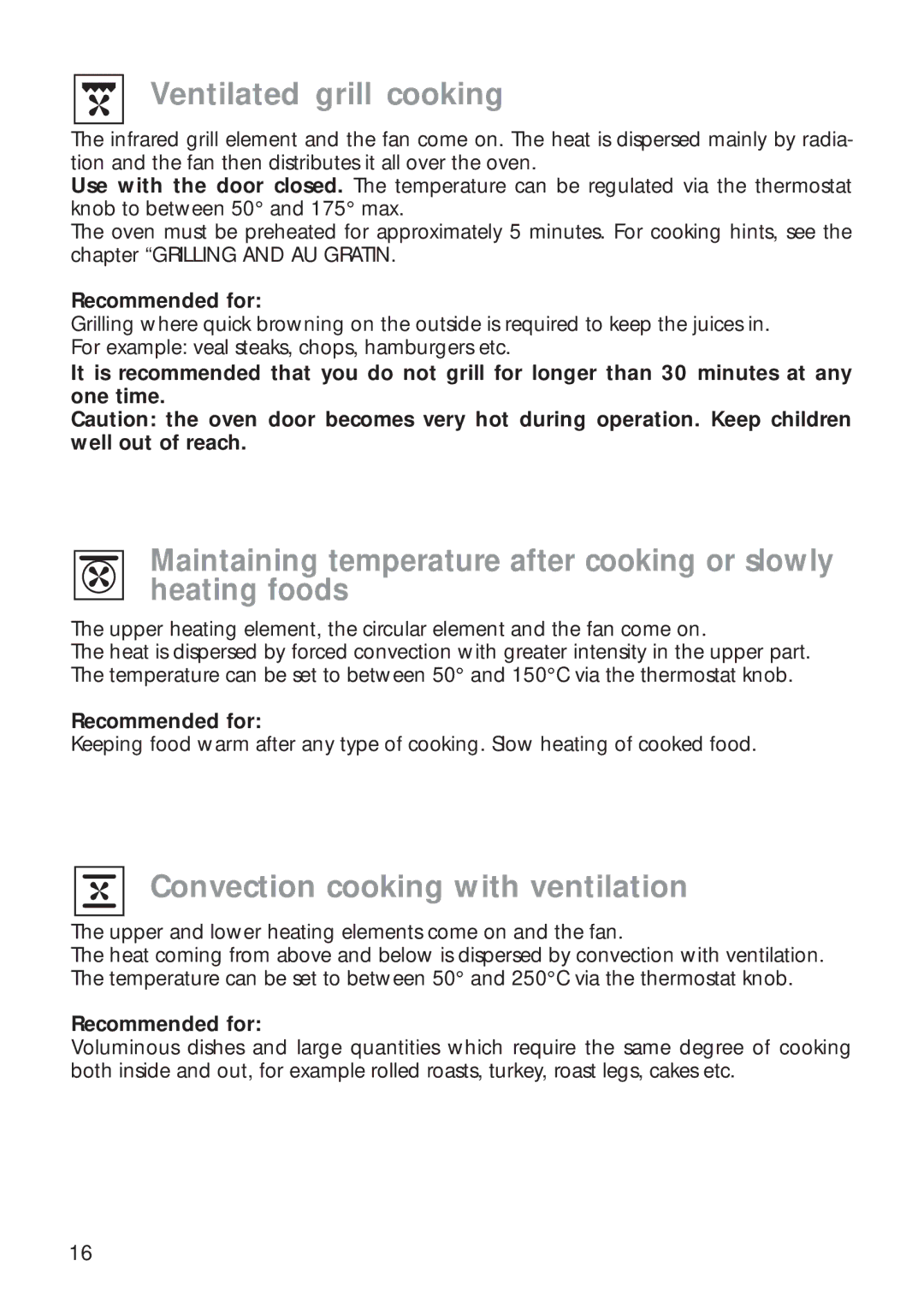 CDA RC 9020 installation instructions Ventilated grill cooking, Convection cooking with ventilation 