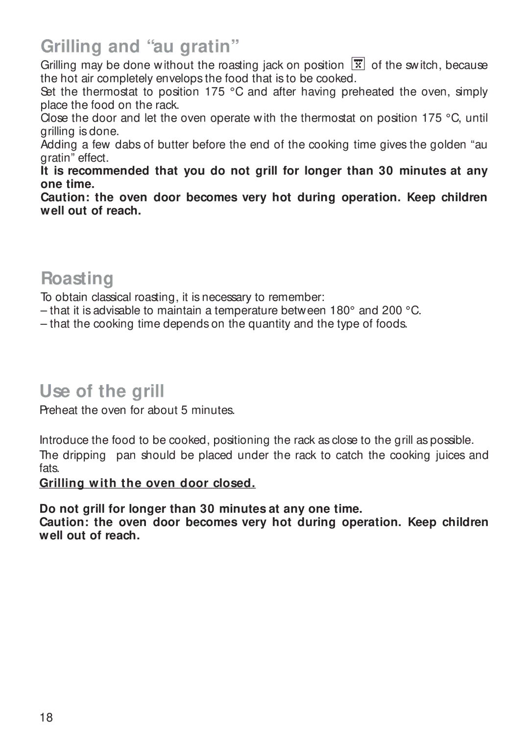 CDA RC 9020 installation instructions Grilling and au gratin, Roasting, Use of the grill 