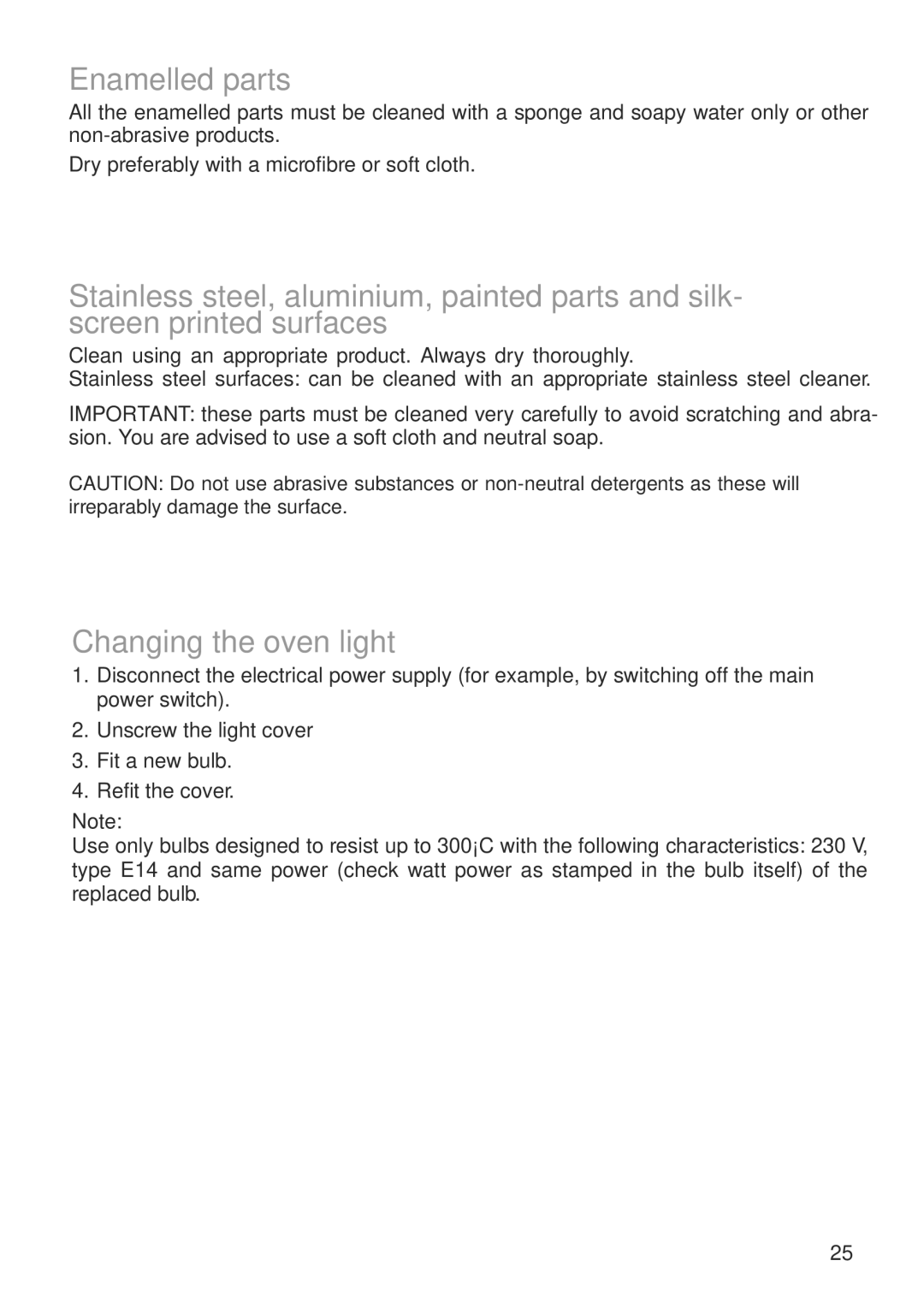 CDA RC 9020 installation instructions Enamelled parts, Changing the oven light 