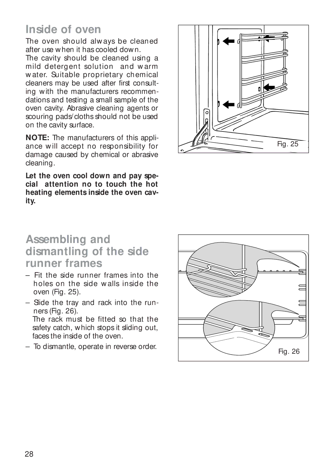 CDA RC 9020 installation instructions Inside of oven, Assembling and dismantling of the side runner frames 