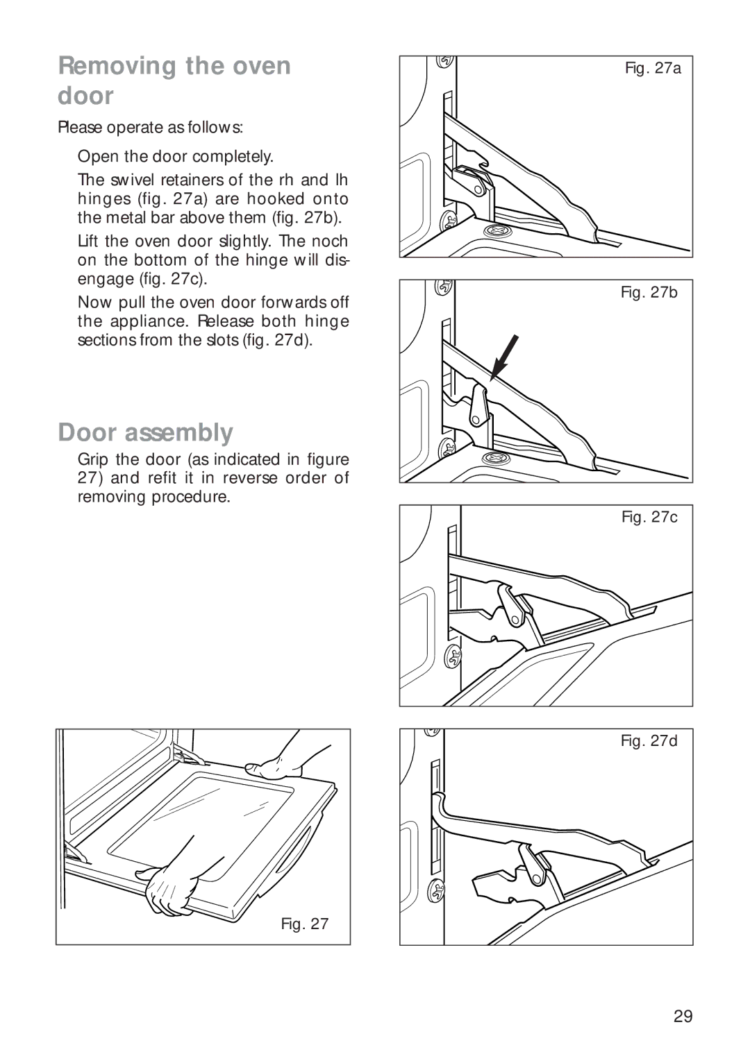 CDA RC 9020 installation instructions Removing the oven door, Door assembly 