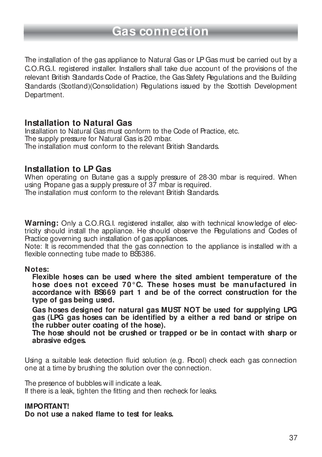 CDA RC 9020 installation instructions Gas connection, Installation to Natural Gas 