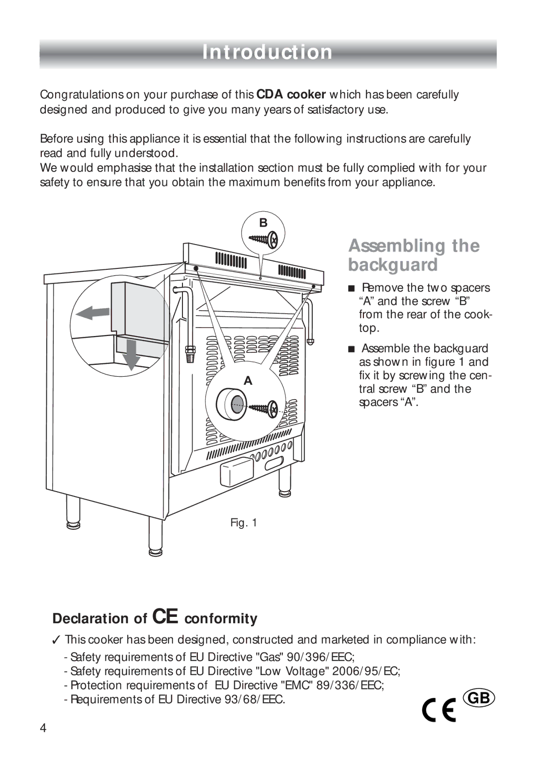 CDA RC 9020 installation instructions Introduction, Assembling the backguard 