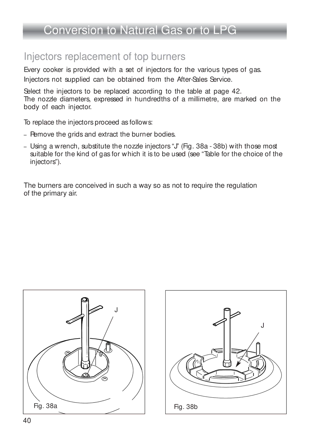 CDA RC 9020 installation instructions Conversion to Natural Gas or to LPG, Injectors replacement of top burners 