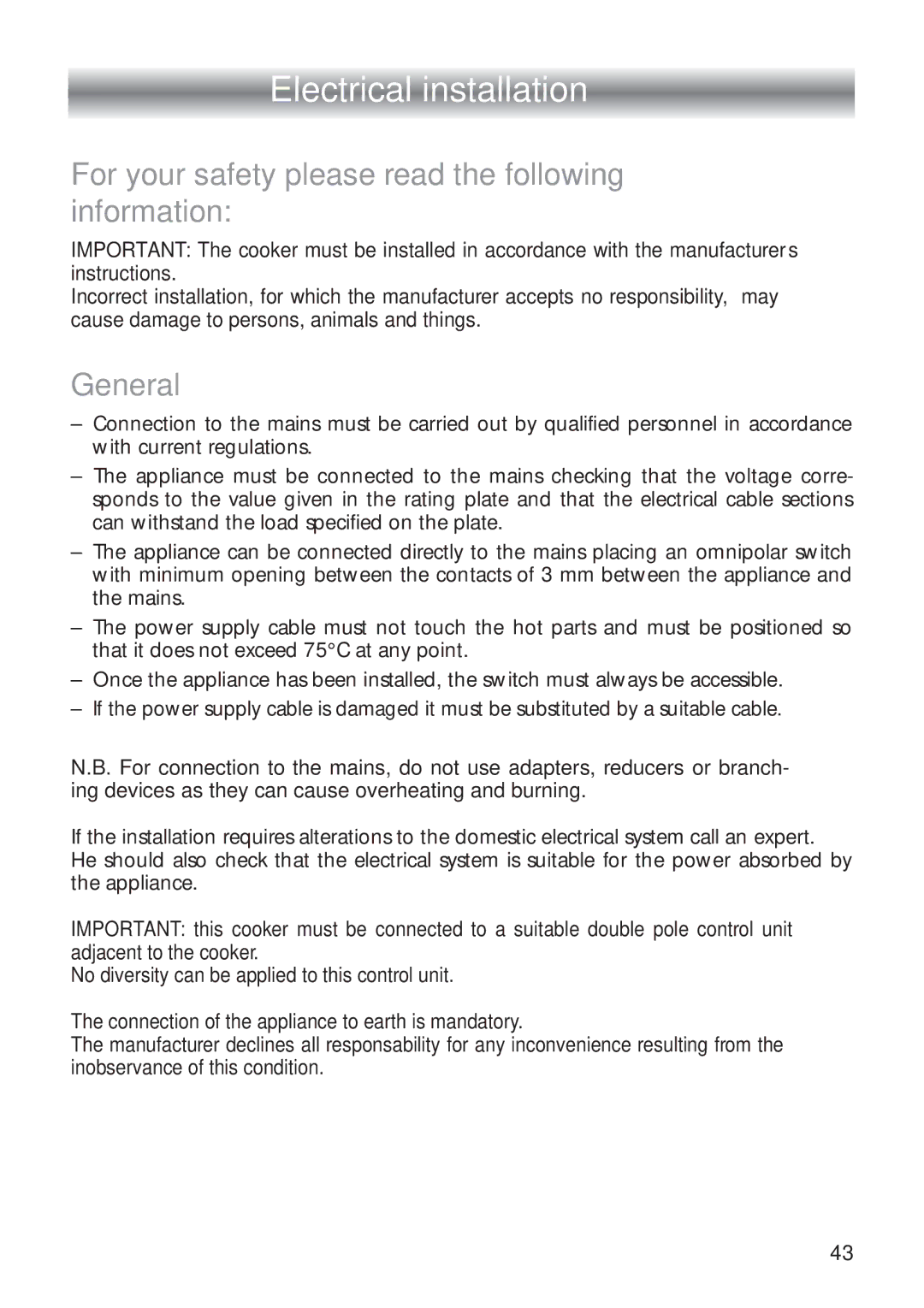 CDA RC 9020 installation instructions Electrical installation, For your safety please read the following information 