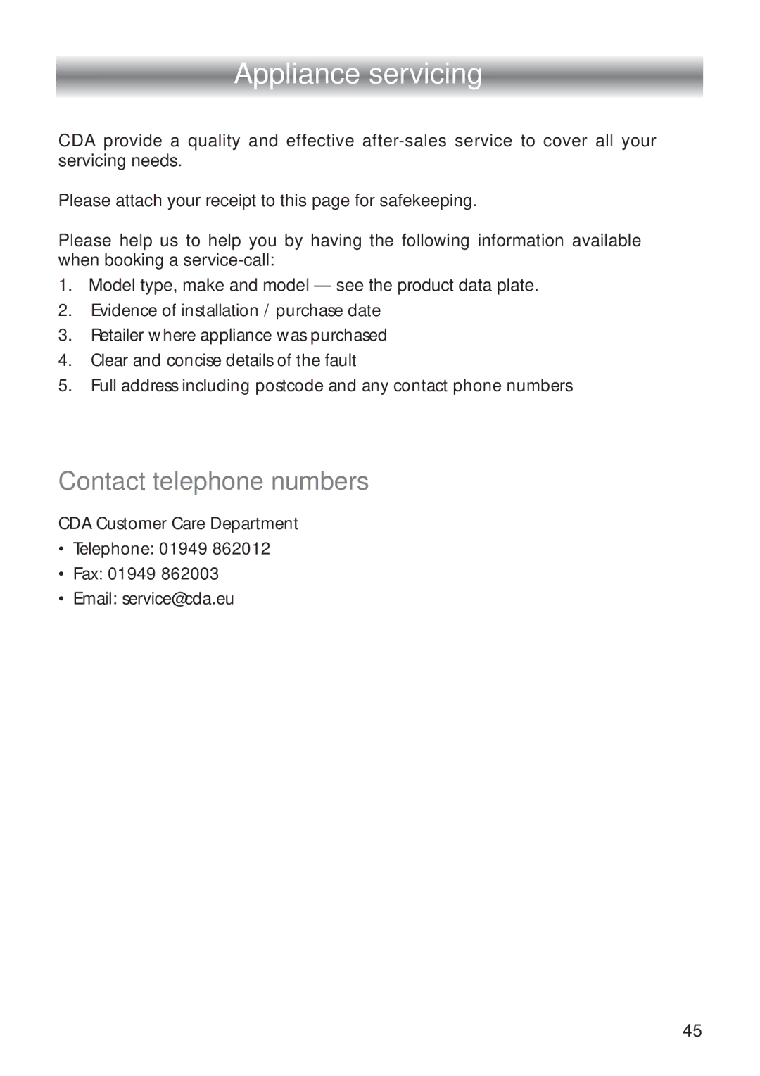 CDA RC 9020 installation instructions Appliance servicing 