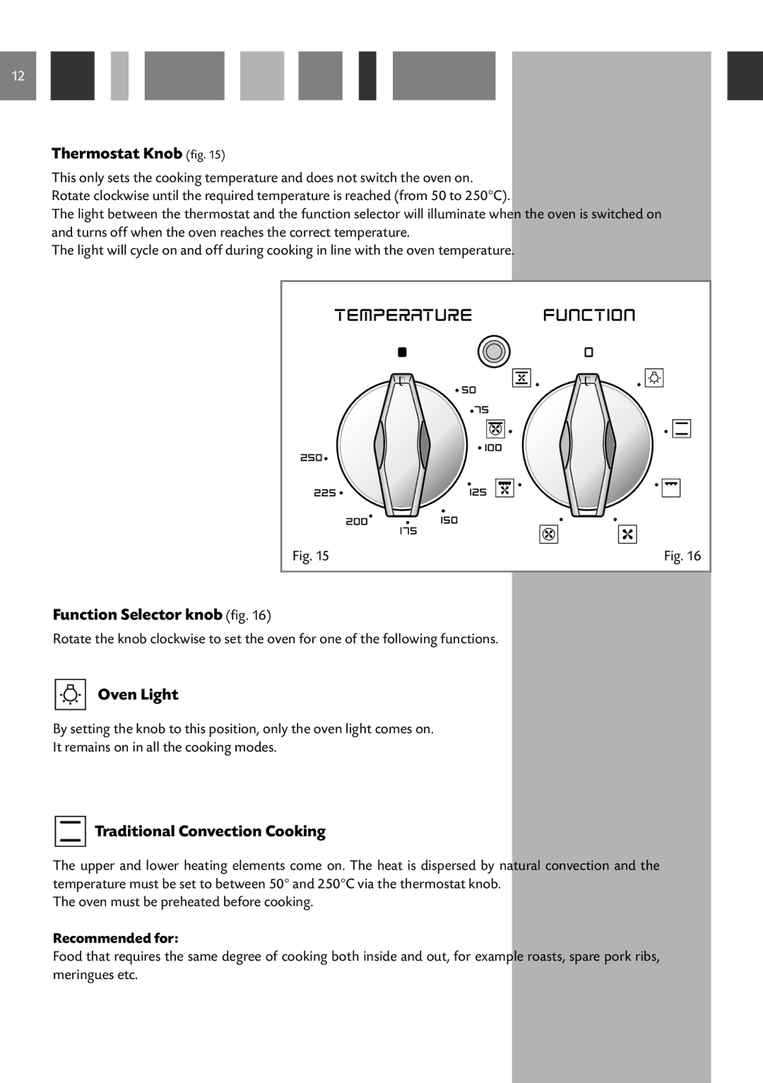 CDA RC 9021 Thermostat Knob fig, Function Selector knob fig, Oven Light, Traditional Convection Cooking, Recommended for 