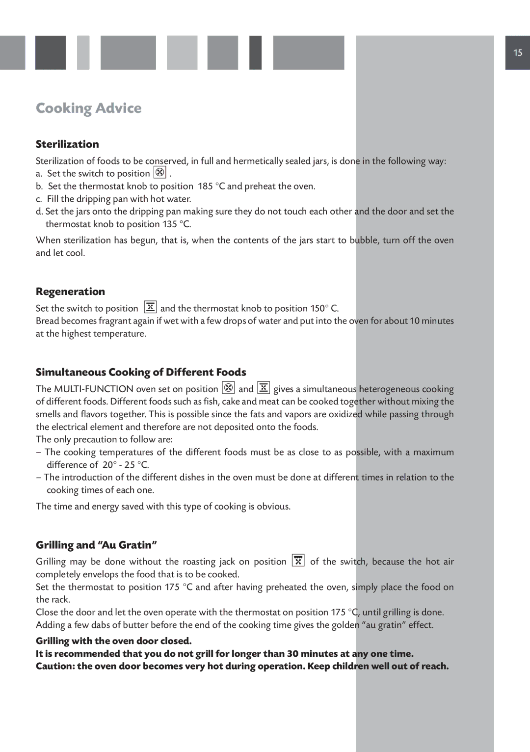 CDA RC 9021 Cooking Advice, Sterilization, Regeneration, Simultaneous Cooking of Different Foods, Grilling and Au Gratin 