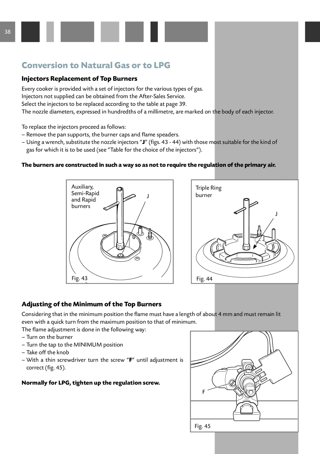 CDA RC 9021 manual Conversion to Natural Gas or to LPG, Injectors Replacement of Top Burners 