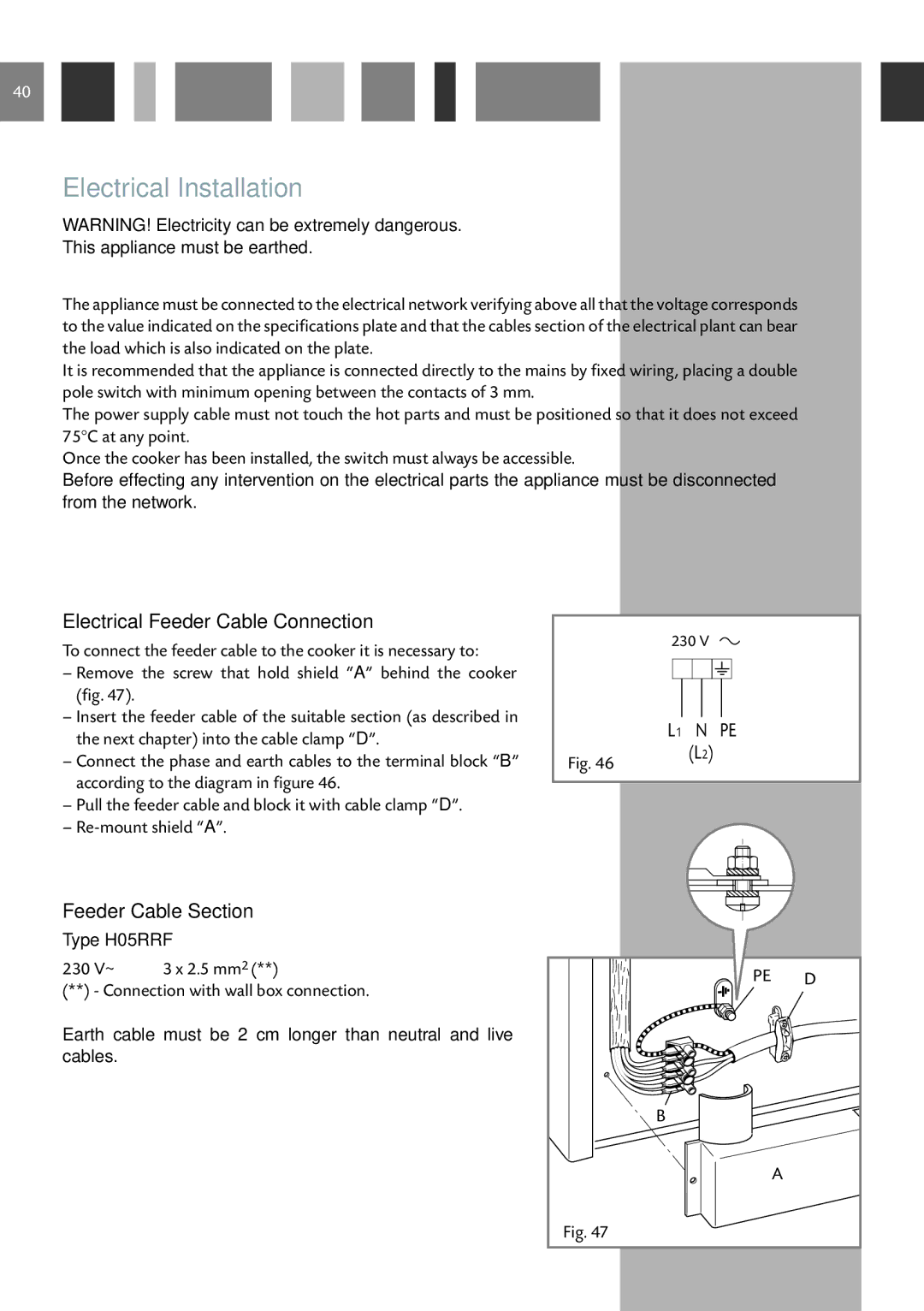 CDA RC 9021 manual Electrical Installation, Electrical Feeder Cable Connection, Feeder Cable Section, Type H05RRF 