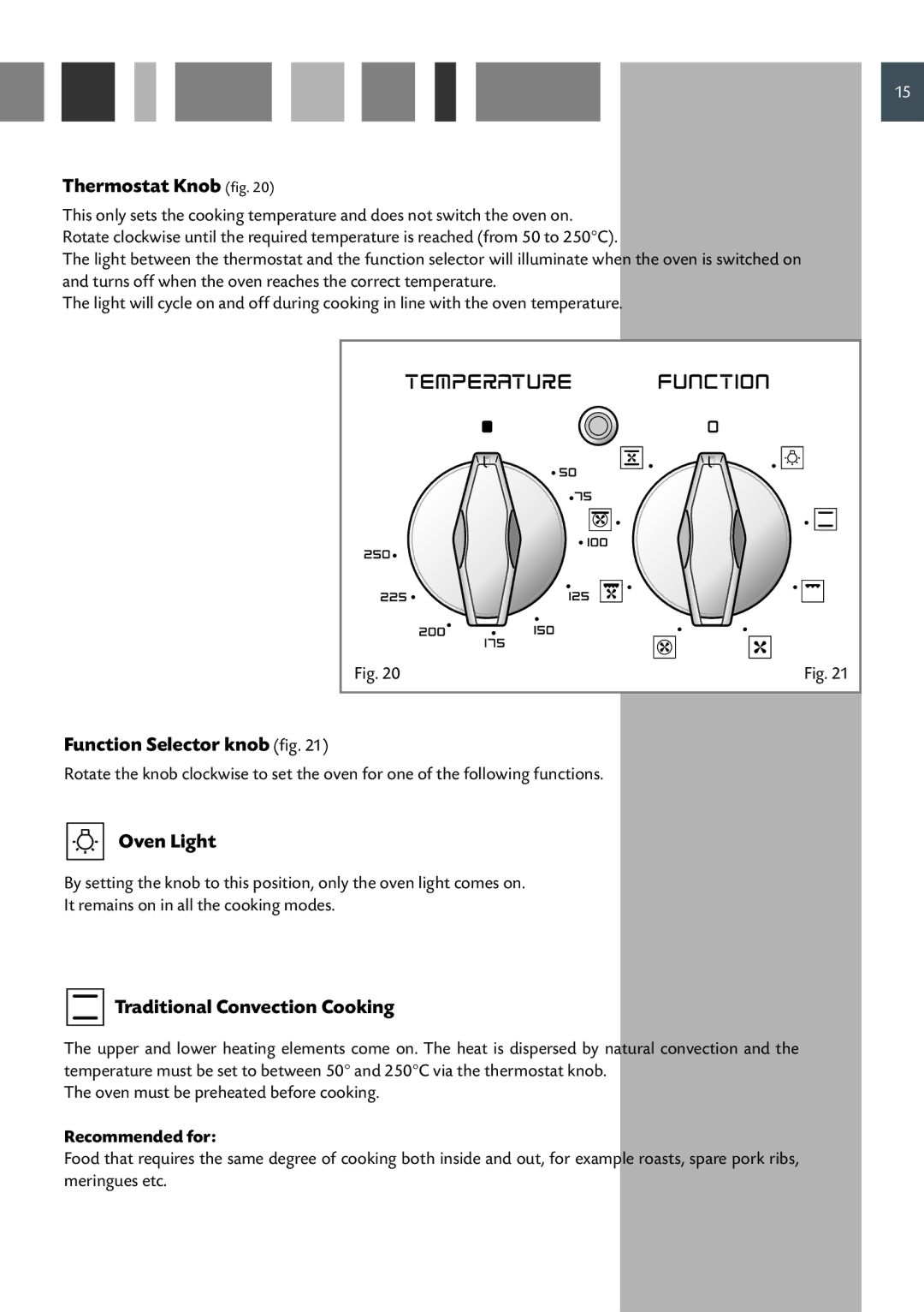 CDA RC 9620 Thermostat Knob fig, Function Selector knob fig, Oven Light, Traditional Convection Cooking, Recommended for 