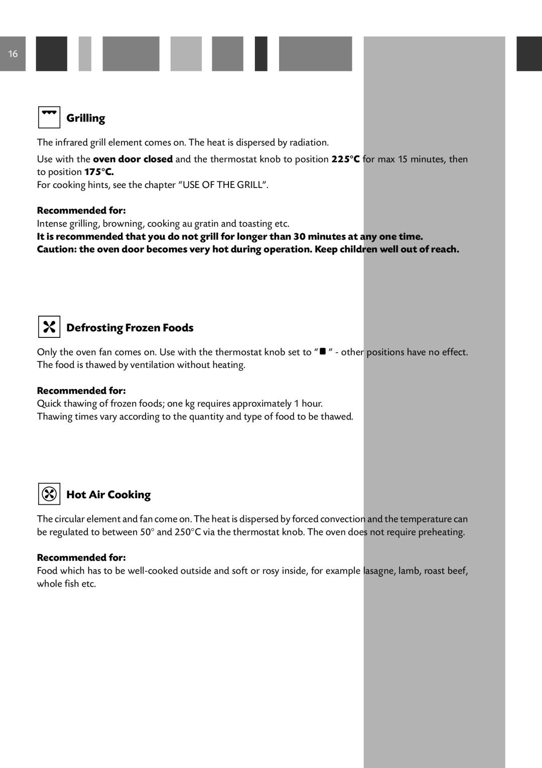 CDA RC 9620 manual Grilling, Defrosting Frozen Foods, Hot Air Cooking 