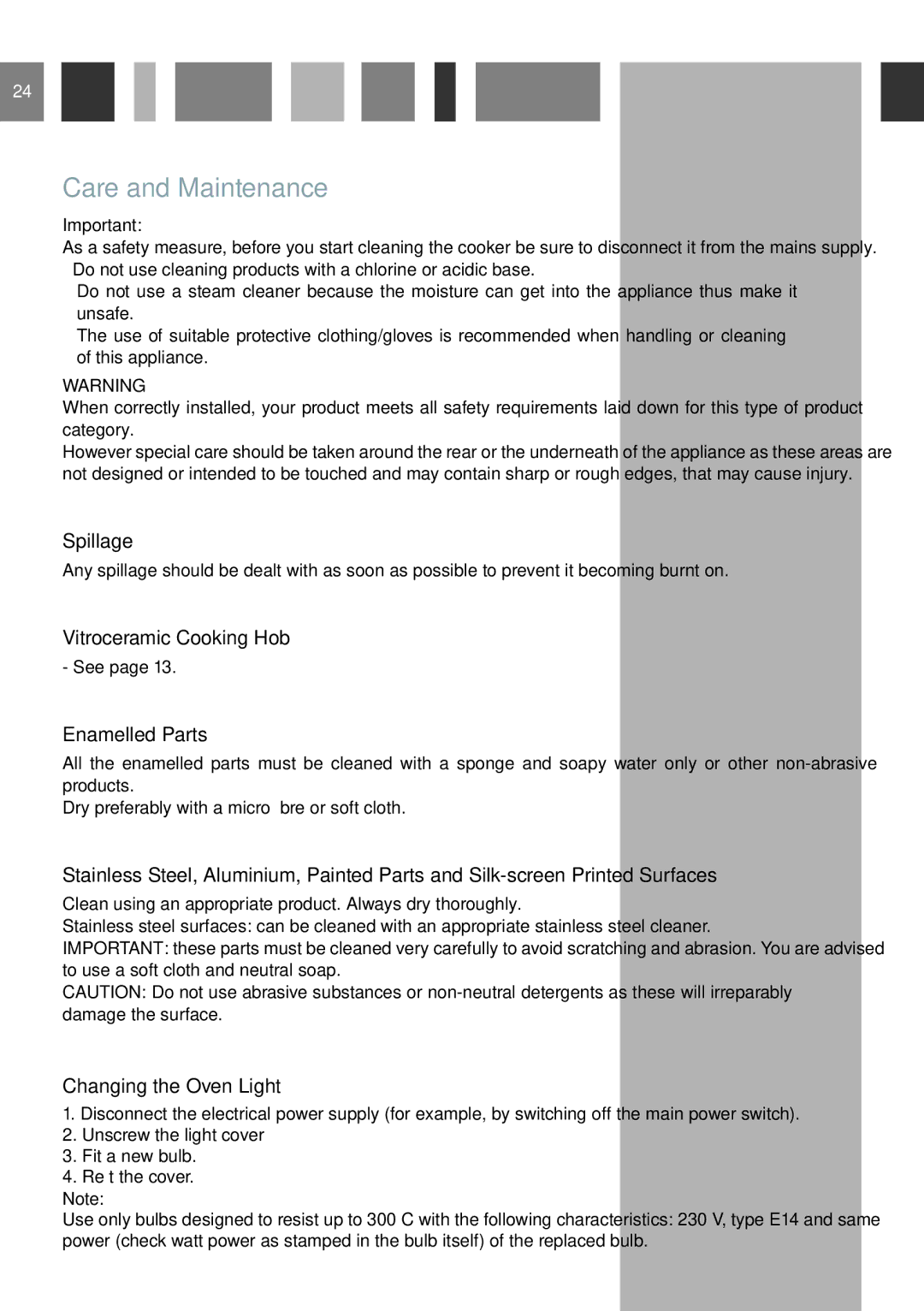 CDA RC 9620 manual Care and Maintenance, Spillage, Enamelled Parts, Changing the Oven Light 