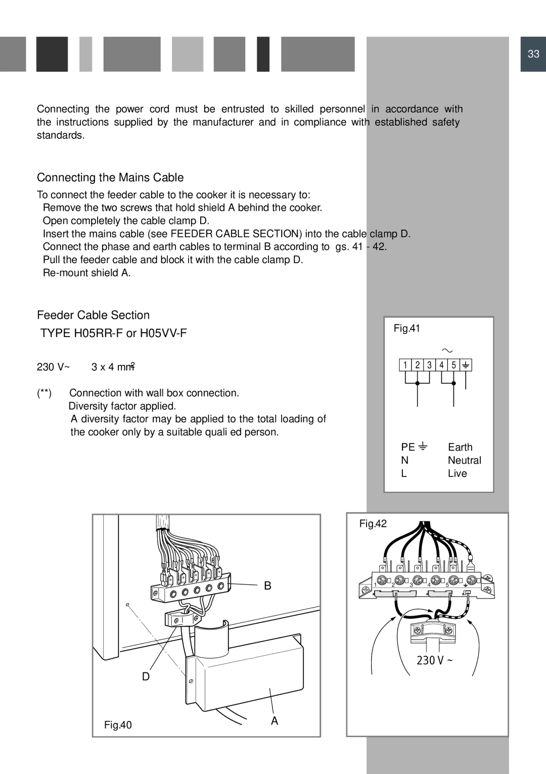 CDA RC 9620 manual Connecting the Mains Cable, Feeder Cable Section Type H05RR-F or H05VV-F 